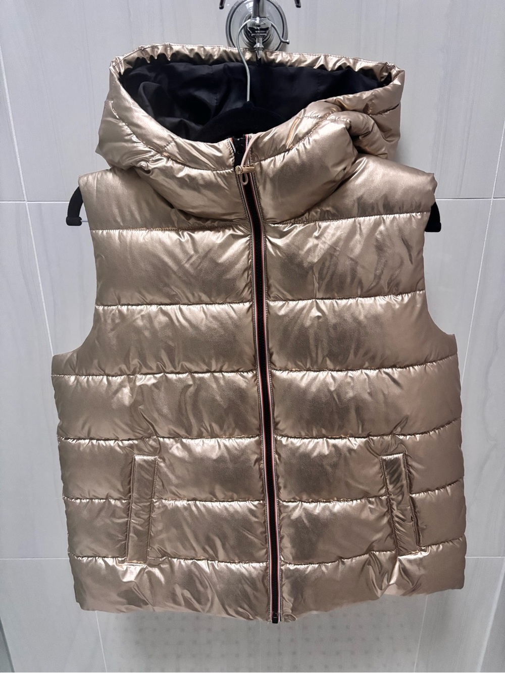 Metallic Gold womanโs Puffer Vest with Hood